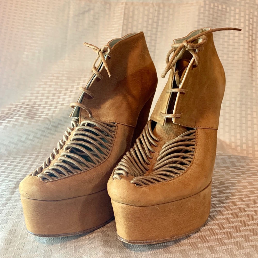Opening Ceremony Tan Faux Suede Wedge Bootie